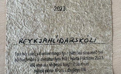 Viðurkenningarskjal fyrir þátttöku í Hugleiðsludegi Unga fólksins. Skjalið er unnið úr Hampi, ræktuð…